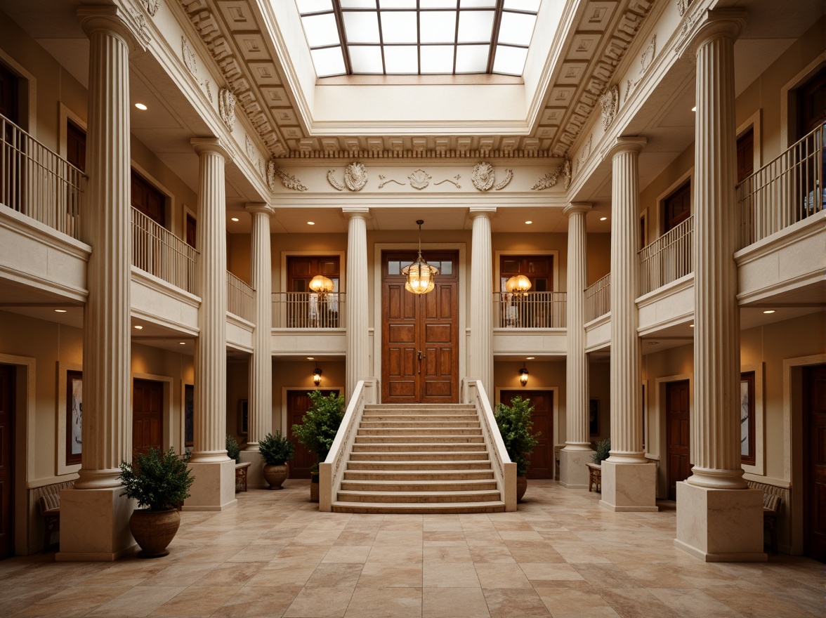 Prompt: Majestic courthouse, neoclassical architecture, symmetrical facade, Corinthian columns, ornate details, grand staircase, high ceilings, marble floors, rich wood paneling, elegant chandeliers, subtle color harmony, earthy tones, beige stone walls, creamy white trim, soft golden lighting, warm ambient atmosphere, shallow depth of field, 1/2 composition, realistic textures, detailed ornaments.