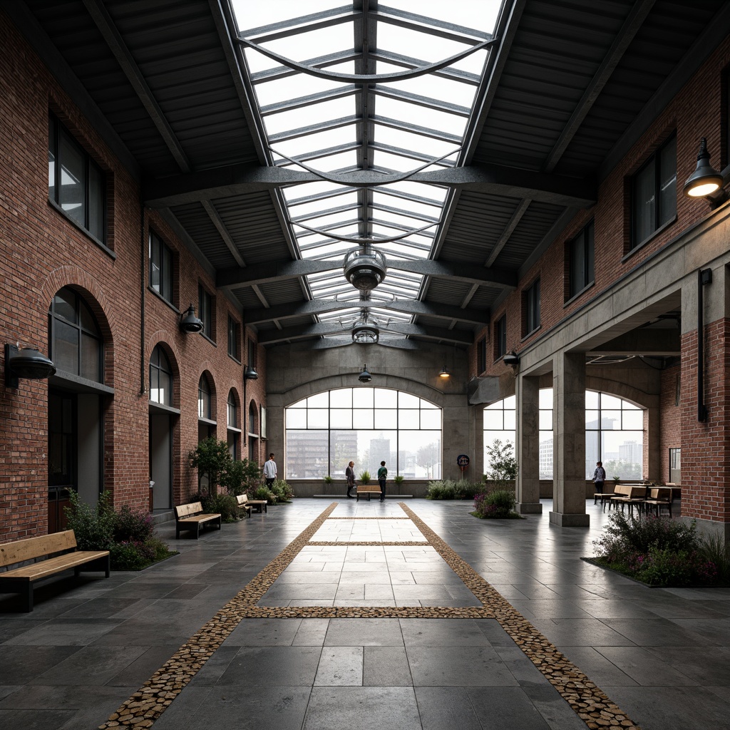 Prompt: Bauhaus-style train station, industrial metallic structures, exposed brick walls, polished concrete floors, steel beams, minimalist lighting fixtures, functional signage, vintage luggage racks, wooden bench seating, geometric-patterned ceramic tiles, rough-hewn stone columns, large glass skylights, urban cityscape views, morning foggy atmosphere, soft natural light, shallow depth of field, 2/3 composition, symmetrical framing, realistic material textures, ambient occlusion.