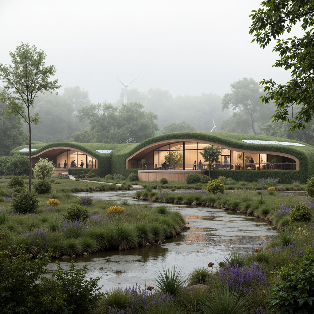 Prompt: Eco-friendly wetland conservation center, organic curves, natural materials, green roofs, solar panels, wind turbines, water harvesting systems, recycled wood accents, earthy color palette, misty atmosphere, soft diffused lighting, shallow depth of field, 2/3 composition, serene ambiance, realistic textures, ambient occlusion, lush vegetation, native aquatic plants, meandering boardwalks, observation decks, educational signs, interactive exhibits, panoramic views, tranquil soundscape.