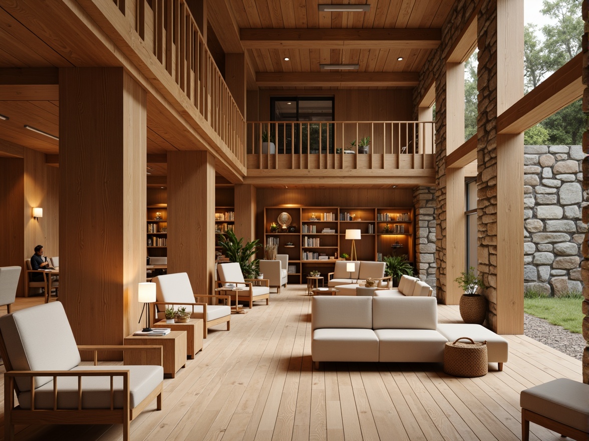 Prompt: Rich wood grain, warm beige tones, comfortable seating areas, soft cushioned chairs, floor lamps, wooden bookshelves, modern minimalist architecture, natural stone walls, glass railings, spacious reading rooms, cozy study nooks, warm lighting, shallow depth of field, 1/1 composition, realistic textures, ambient occlusion.