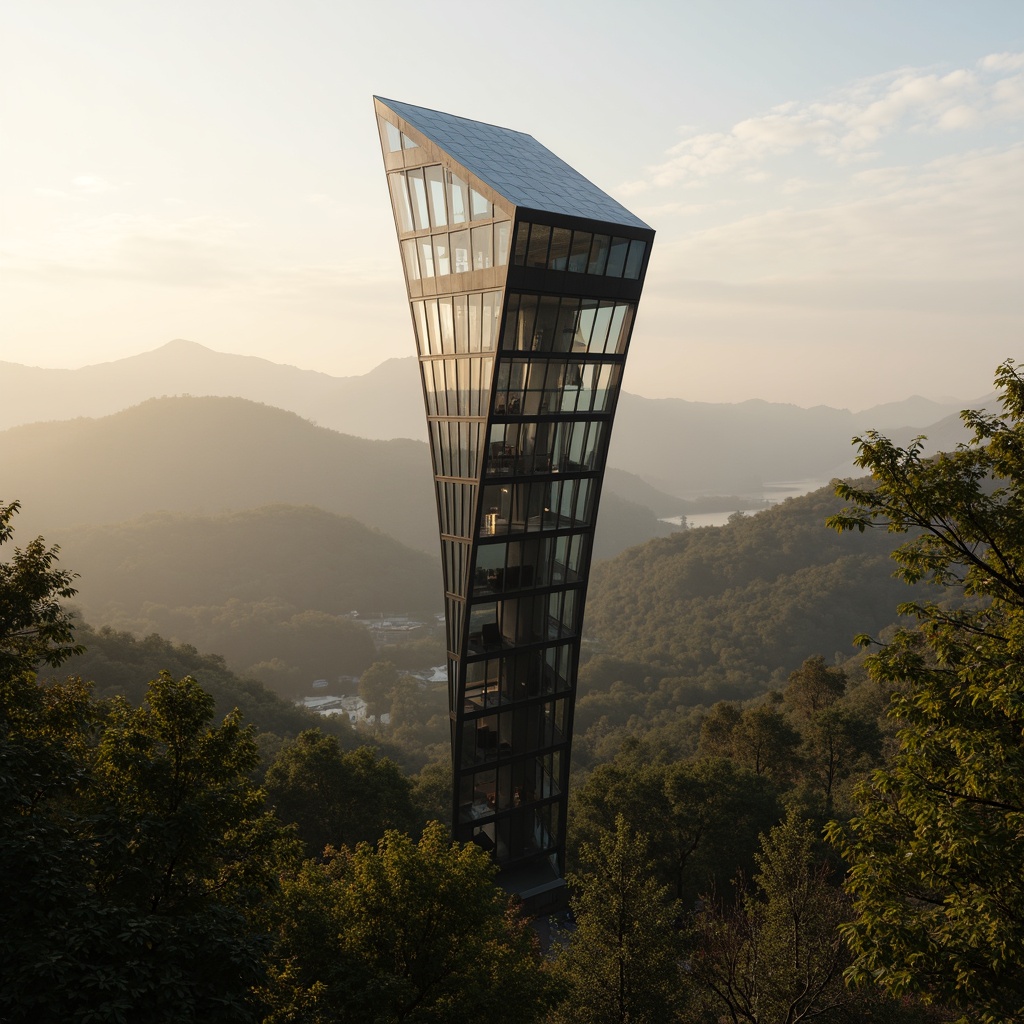 Prompt: Sleek watching tower, modern minimalist architecture, angular lines, reflective glass surfaces, metallic accents, futuristic aesthetics, elevated viewpoint, panoramic views, surrounding landscape, rolling hills, dense forests, misty mornings, warm golden lighting, shallow depth of field, 1/1 composition, realistic textures, ambient occlusion.