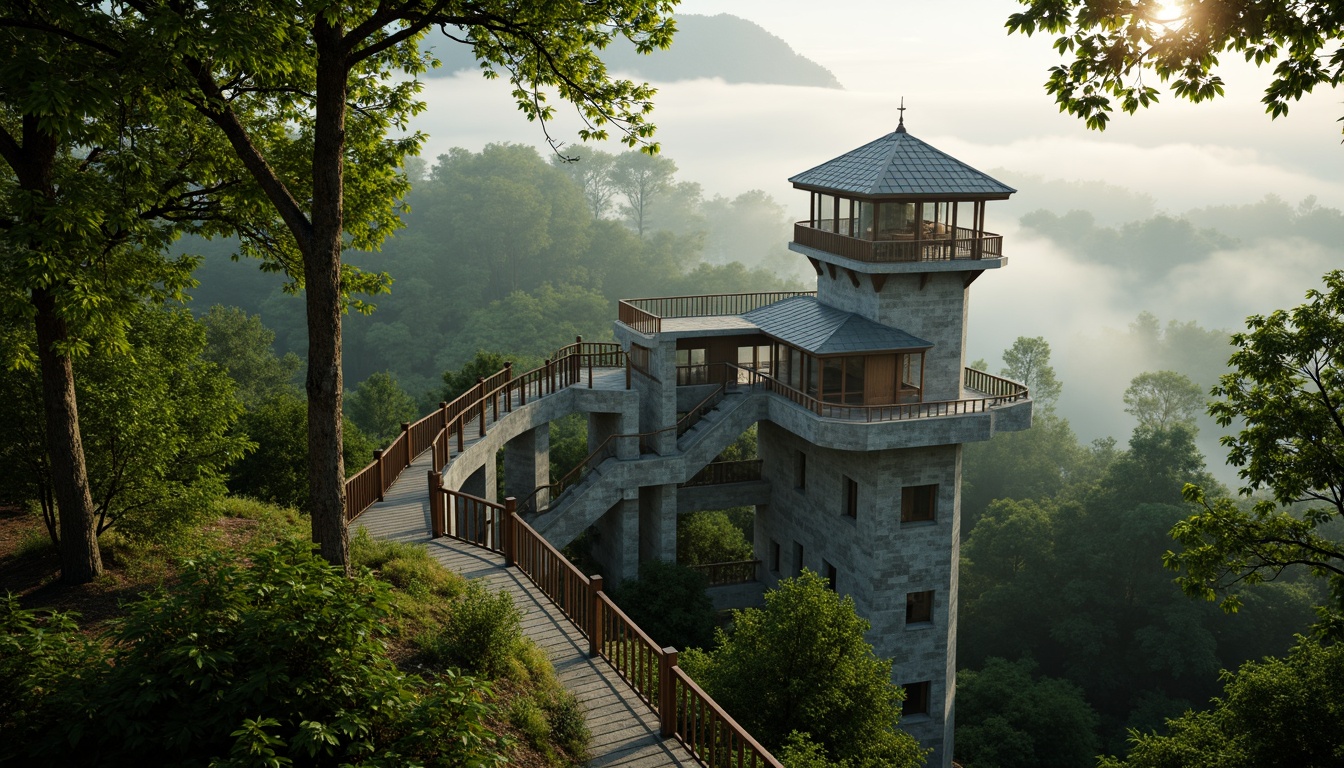 Prompt: Watchtower surrounded by lush green forest, towering trees, misty atmosphere, rugged stone walls, wooden observation decks, panoramic views, scenic hiking trails, serene natural ambiance, warm sunlight filtering through leaves, soft gentle breeze, realistic foliage textures, shallow depth of field, 3/4 composition, cinematic lighting, ambient occlusion.Let me know if this meets your requirements!