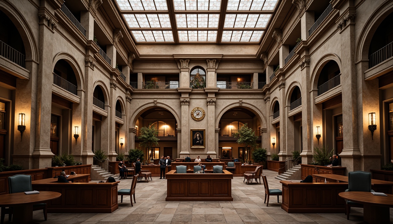 Prompt: Historic courthouse, neoclassical style, grand entrance, granite columns, ornate stonework, stained glass ceilings, wooden benches, traditional courtroom furniture, rich wood tones, warm lighting, high ceilings, spacious atriums, elegant staircases, intricate moldings, classic architectural details, natural stone flooring, solemn atmosphere, formal proceedings, 1/2 composition, dramatic shadows, realistic textures.