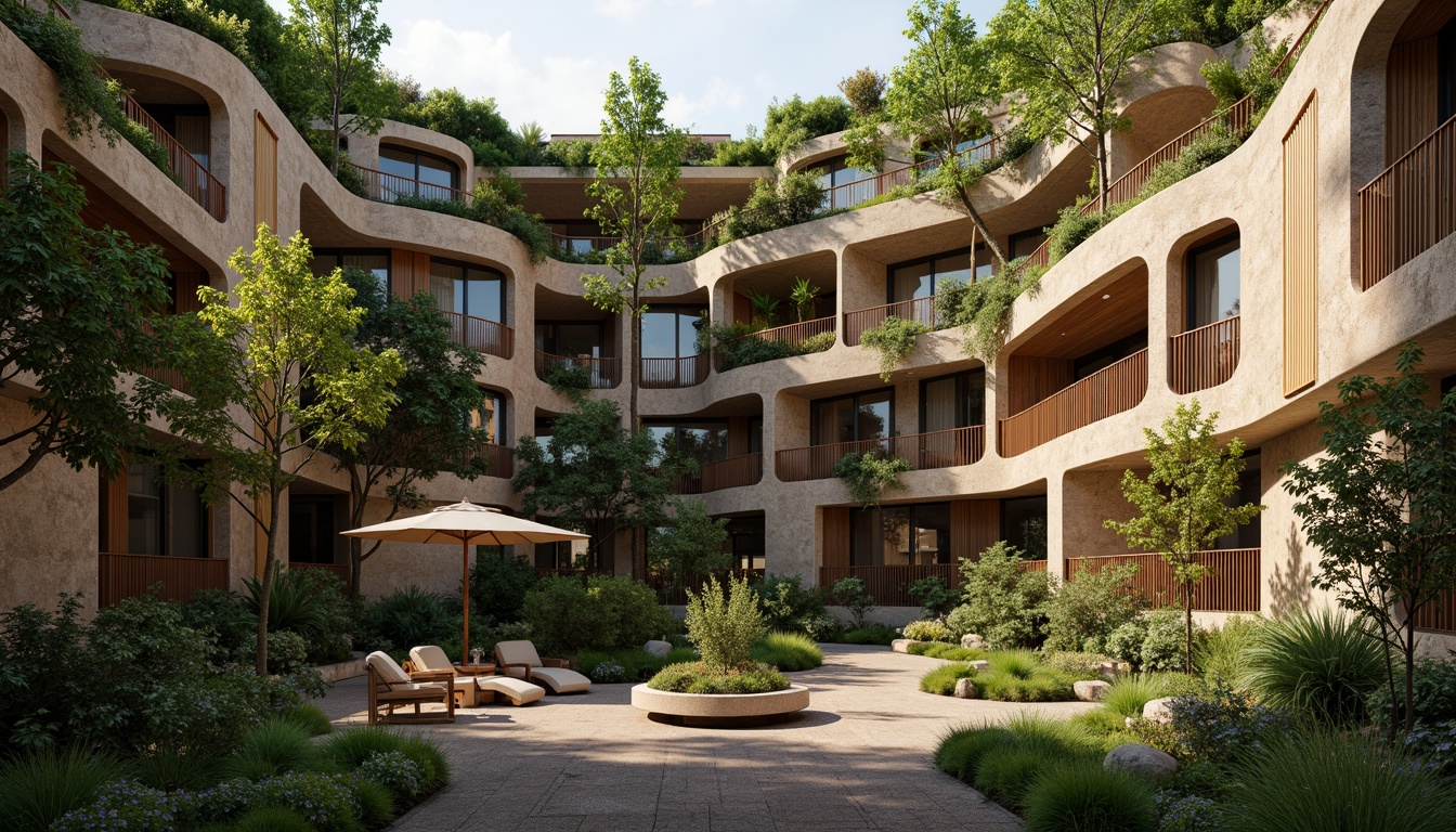 Prompt: Earthy tone apartment building, organic curves, natural stone fa\u00e7ade, lush green walls, wooden accents, living roofs, rainwater harvesting systems, solar panels, reclaimed wood flooring, earthy color palette, cozy nooks, circular windows, soft diffused lighting, shallow depth of field, 1/1 composition, intimate scale, serene atmosphere, nature-inspired patterns, woven textiles, botanical prints.