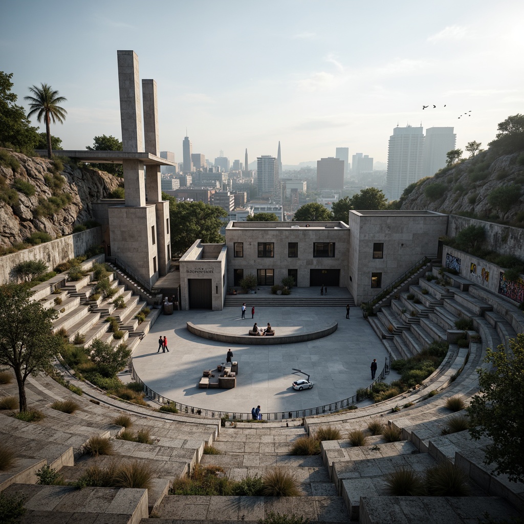 Prompt: Rugged amphitheater, brutalist architecture, raw concrete structures, cascading staircases, open-air performance spaces, tiered seating areas, urban cityscape backdrop, industrial lighting fixtures, minimalist landscaping, weathered steel accents, monumental scale, dramatic shadows, high-contrast textures, cinematic wide-angle shots, atmospheric fog effects, 2.5D composition, natural stone paving, abstract graffiti art, avant-garde sculptures, eclectic furniture designs.Let me know if this meets your requirements!