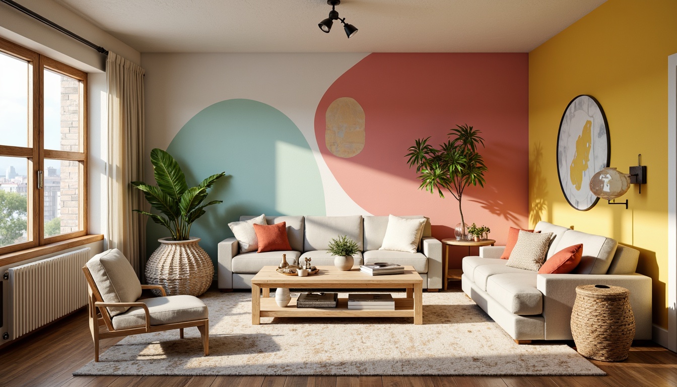 Prompt: Vibrant modern interior, bold accent walls, pastel color scheme, soft creamy whites, rich wood tones, metallic accents, natural textiles, bohemian patterns, eclectic decorative pieces, warm cozy lighting, shallow depth of field, 1/1 composition, realistic textures, ambient occlusion.