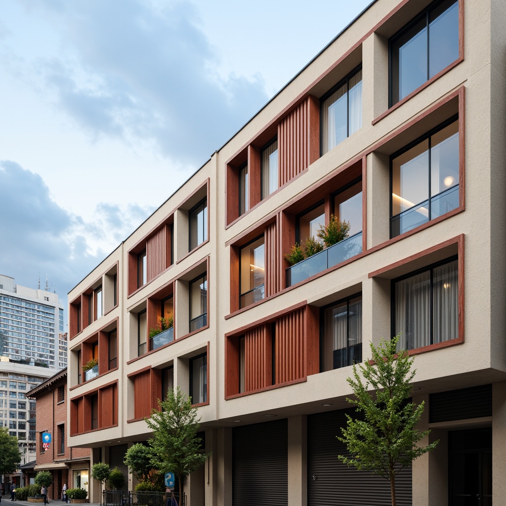 Prompt: Modern building facade, neutral beige tones, rich wood accents, bold red highlights, sleek metal details, minimalist design, urban cityscape, cloudy blue sky, soft natural lighting, shallow depth of field, 1/1 composition, realistic textures, ambient occlusion.