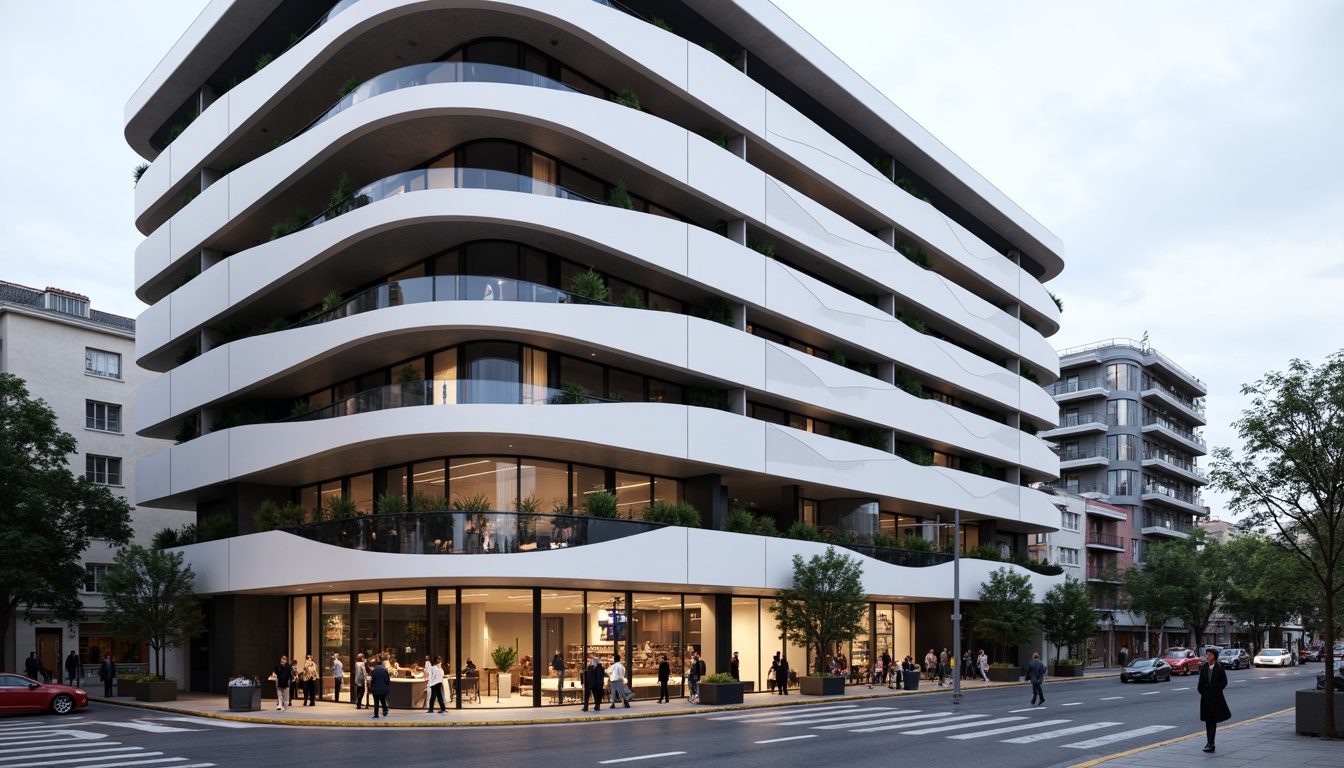 Prompt: Sleek modernist building, curved lines, minimal ornamentation, monochromatic color scheme, polished steel accents, floor-to-ceiling windows, open-plan interior, cantilevered rooflines, geometric shapes, urban cityscape, bustling streets, pedestrian traffic, contemporary street furniture, ambient lighting, softbox shadows, 1/2 composition, wide-angle lens, high-contrast ratio, photorealistic rendering.