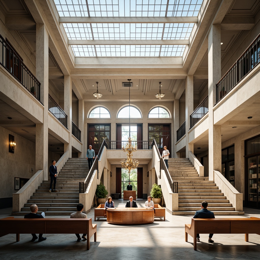 Prompt: Grand courthouse building, neoclassical architecture, grand staircase, high ceilings, marble floors, wooden benches, elegant chandeliers, natural light pouring in, large windows, glass atrium, open floor plan, modern interior design, sleek metal railings, minimalist decor, subtle color scheme, professional ambiance, busy atmosphere, people milling about, formal attire, legal professionals, courtrooms, judges' chambers, law libraries, spacious hallways, intricate moldings, ornate details, historic charm, revitalized facade, vibrant urban surroundings, bustling city life, sunny day, soft warm lighting, shallow depth of field, 3/4 composition, panoramic view, realistic textures, ambient occlusion.