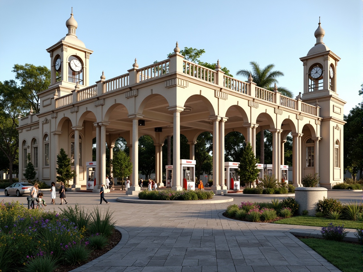 Prompt: Grandiose gas station, neoclassical columns, ornate details, symmetrical fa\u00e7ade, majestic arches, stately clock towers, lush greenery, vibrant flowers, meandering walkways, natural stone pavement, elegant lanterns, refined metalwork, subtle LED lighting, shallow depth of field, 1/1 composition, realistic textures, ambient occlusion.