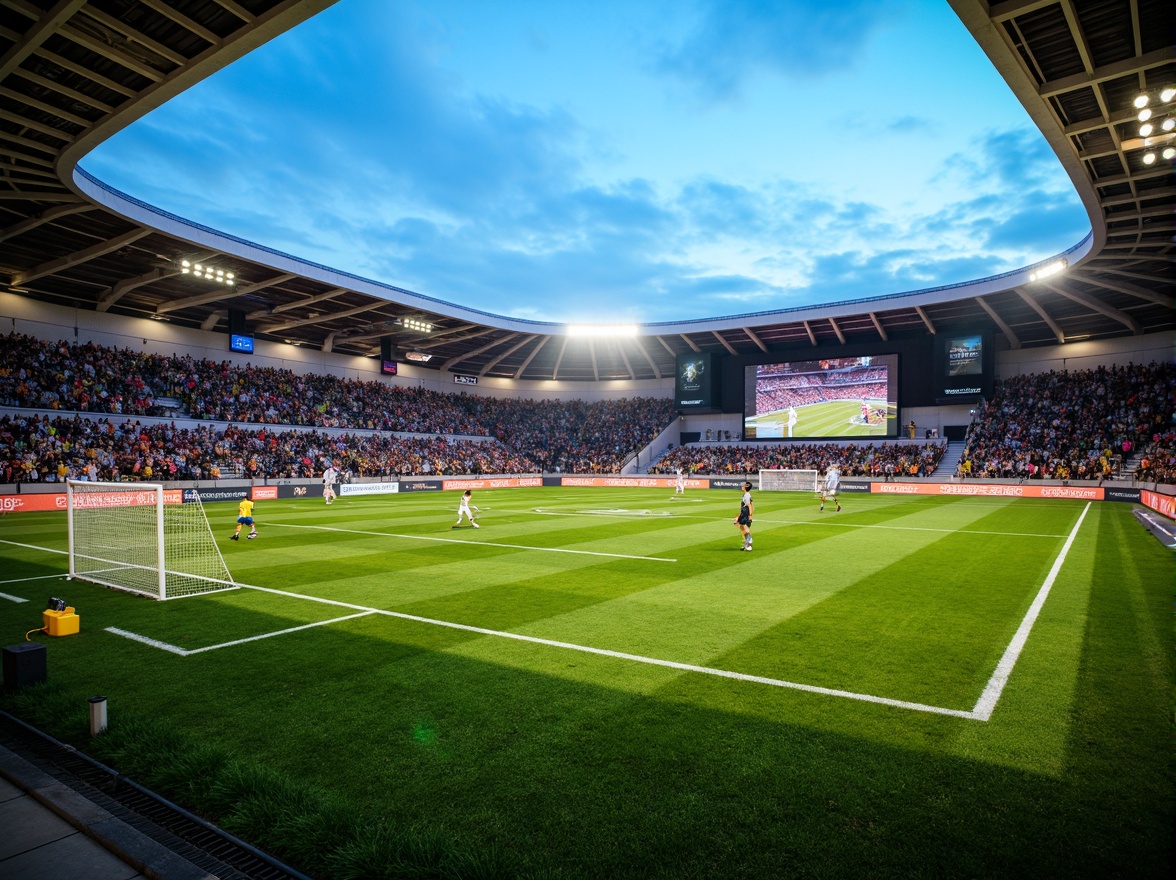 Prompt: Green grass soccer field, white goalposts, net structures, stadium seating, tiered rows, curved architecture, cantilevered roofs, steel beams, concrete foundations, modern exterior design, dynamic lighting systems, evening atmosphere, warm ambient glow, shallow depth of field, 1/2 composition, realistic textures, ambient occlusion, vibrant crowd scenes, cheering audience, sports floodlights, athletic tracks.