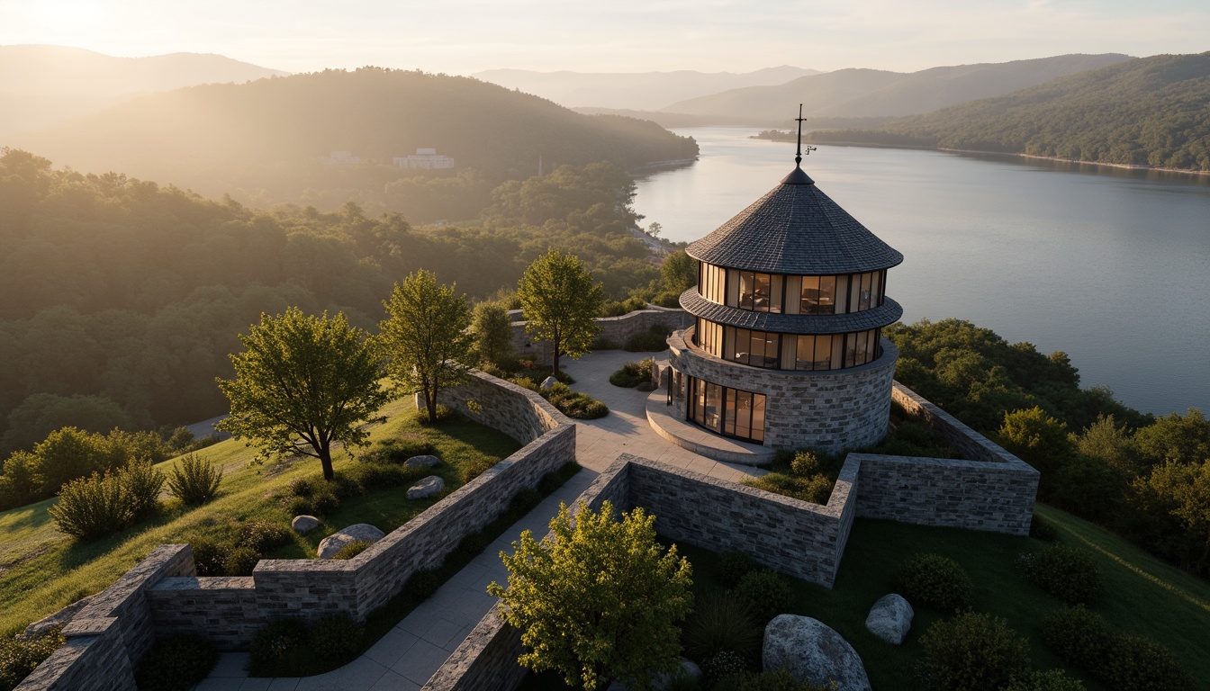 Prompt: Majestic watchtower, rugged stone walls, wooden accents, scenic vistas, rolling hills, lush green forests, winding pathways, serene lakeside, misty mornings, warm golden lighting, 1/1 composition, symmetrical architecture, natural textures, ambient occlusion, subtle color palette, earthy tones, organic forms, minimalist decor, panoramic views, bird's eye perspective.