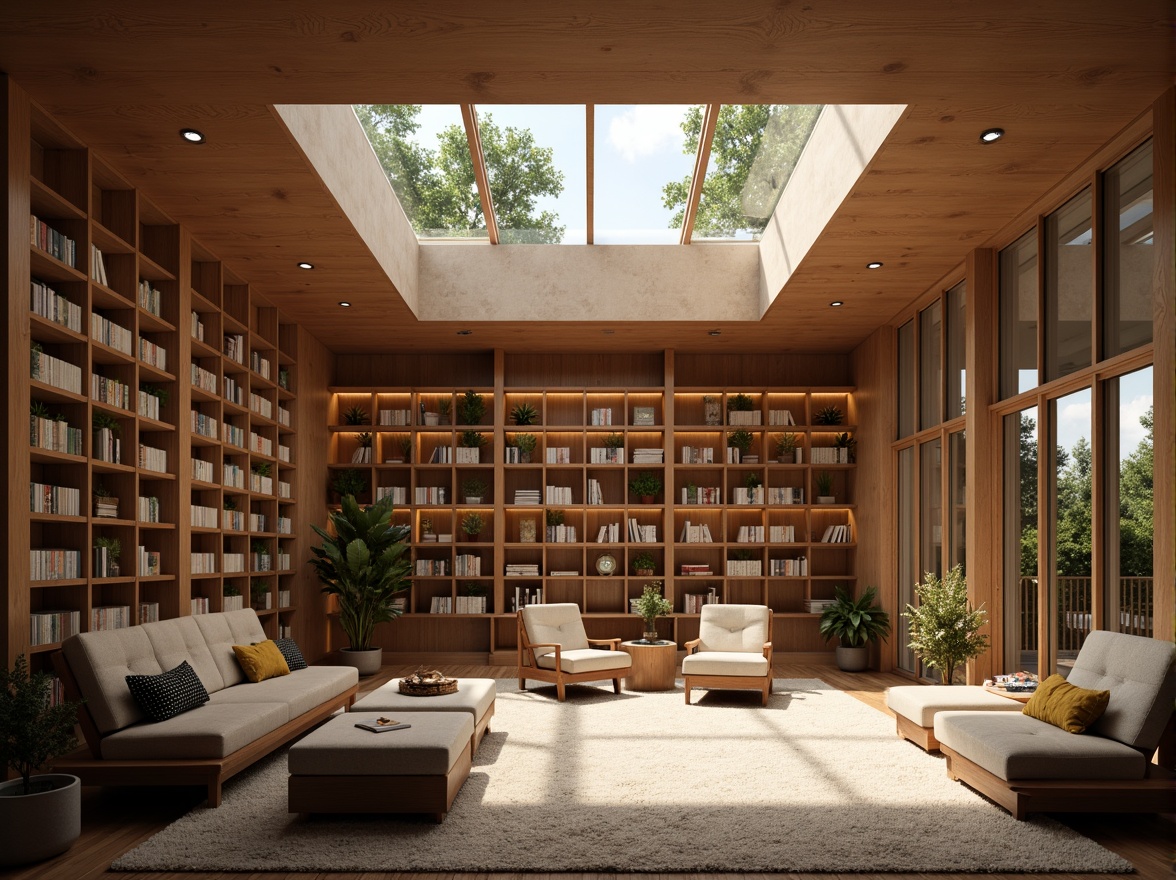 Prompt: Cozy reading nook, warm wooden shelves, soft natural lighting, floor-to-ceiling windows, gentle sunlight, diffused skylights, comfortable seating areas, plush carpets, minimalist decor, modern library architecture, sleek lines, open spaces, quiet atmosphere, peaceful ambiance, subtle color palette, earthy tones, rich wood textures, soft shadows, 1/1 composition, realistic renderings.