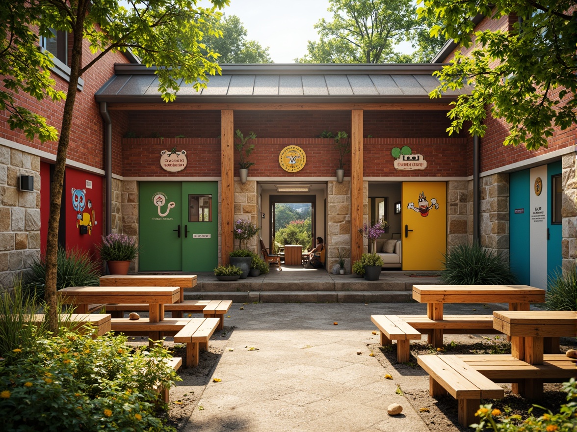 Prompt: Vibrant kindergarten exterior, playful brick walls, rough stone textures, bright colored doors, whimsical murals, educational signage, sturdy wooden benches, lush greenery surroundings, sunny afternoon, soft warm lighting, shallow depth of field, 1/1 composition, realistic textures, ambient occlusion, earthy tone color palette, natural materials, organic forms, rustic architectural style.