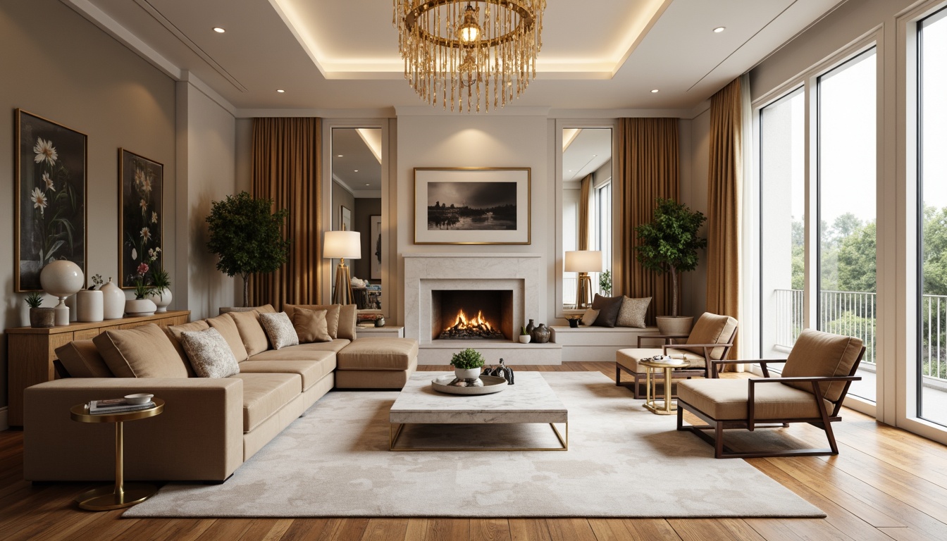 Prompt: Luxurious living room, plush velvet sofa, marble coffee table, statement chandelier, floor-to-ceiling windows, natural wood flooring, cream-colored walls, modern minimalist decor, cozy reading nook, oversized armchair, metallic accents, ambient warm lighting, shallow depth of field, 1/1 composition, realistic textures, soft focus effect.