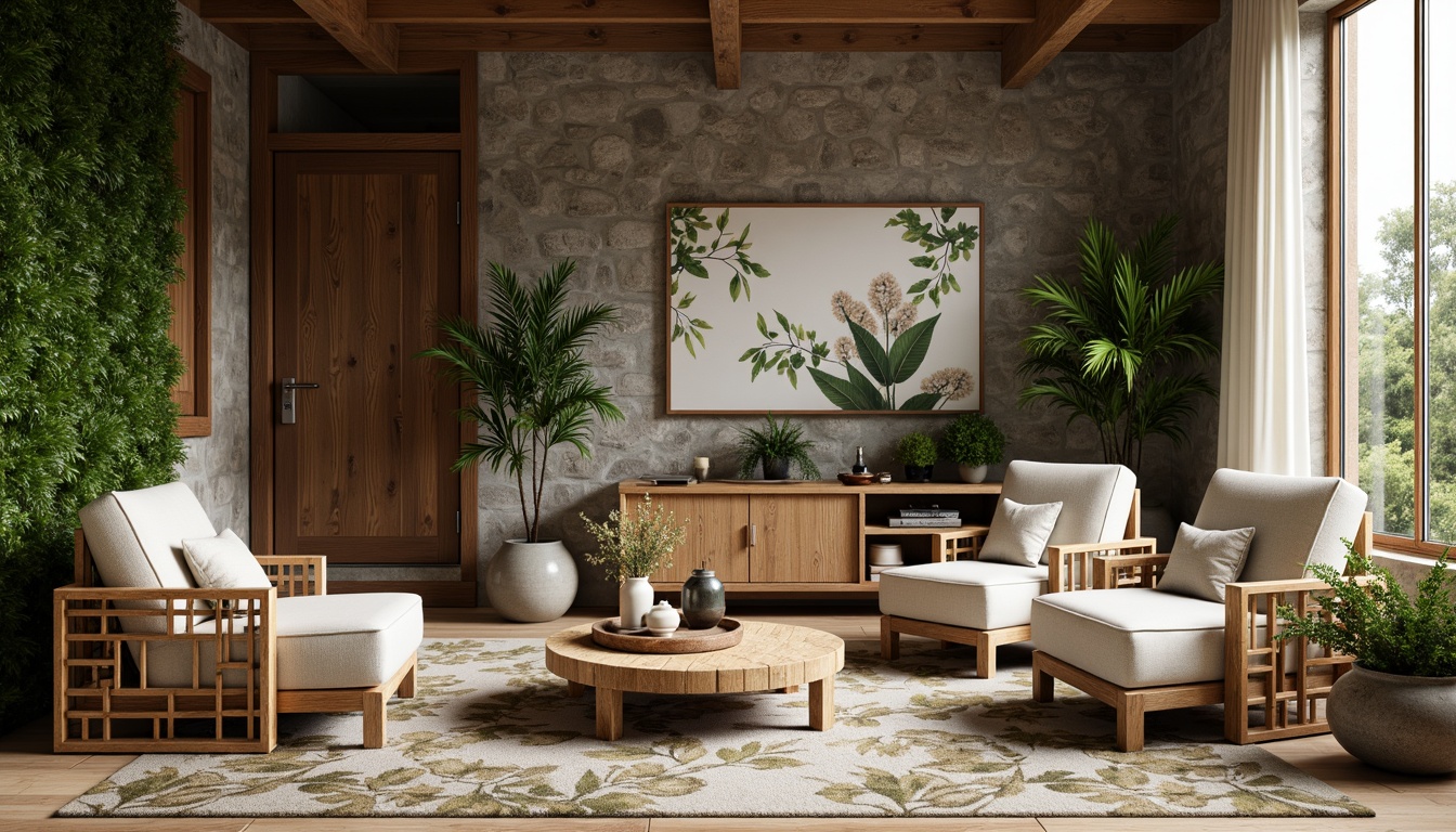 Prompt: Earth-toned interior, natural stone walls, reclaimed wood accents, living green walls, botanical prints, organic shapes, woven textiles, rattan furniture, earthy ceramics, leaf-patterned rugs, forest-inspired color palette, soft diffused lighting, shallow depth of field, 2/3 composition, intimate atmosphere, warm cozy ambiance.