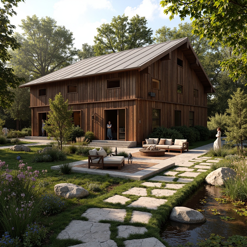 Prompt: Rustic barn, wooden accents, vintage metal roofing, earthy color palette, natural stone pathways, lush greenery, blooming wildflowers, meandering streams, serene countryside, warm sunny day, soft diffused lighting, 3/4 composition, panoramic view, realistic textures, ambient occlusion, cozy outdoor seating, plush throw pillows, lantern-style lighting, classic wooden benches, distressed wood finishes, elegant archways, ornate metalwork details.