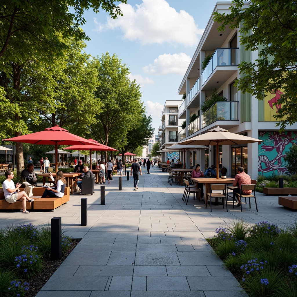 Prompt: Vibrant public plaza, lush greenery, natural stone pavements, modern urban furniture, street performers, food vendors, large umbrellas, shaded seating areas, colorful murals, dynamic lighting systems, evening ambiance, shallow depth of field, 1/1 composition, realistic textures, ambient occlusion.