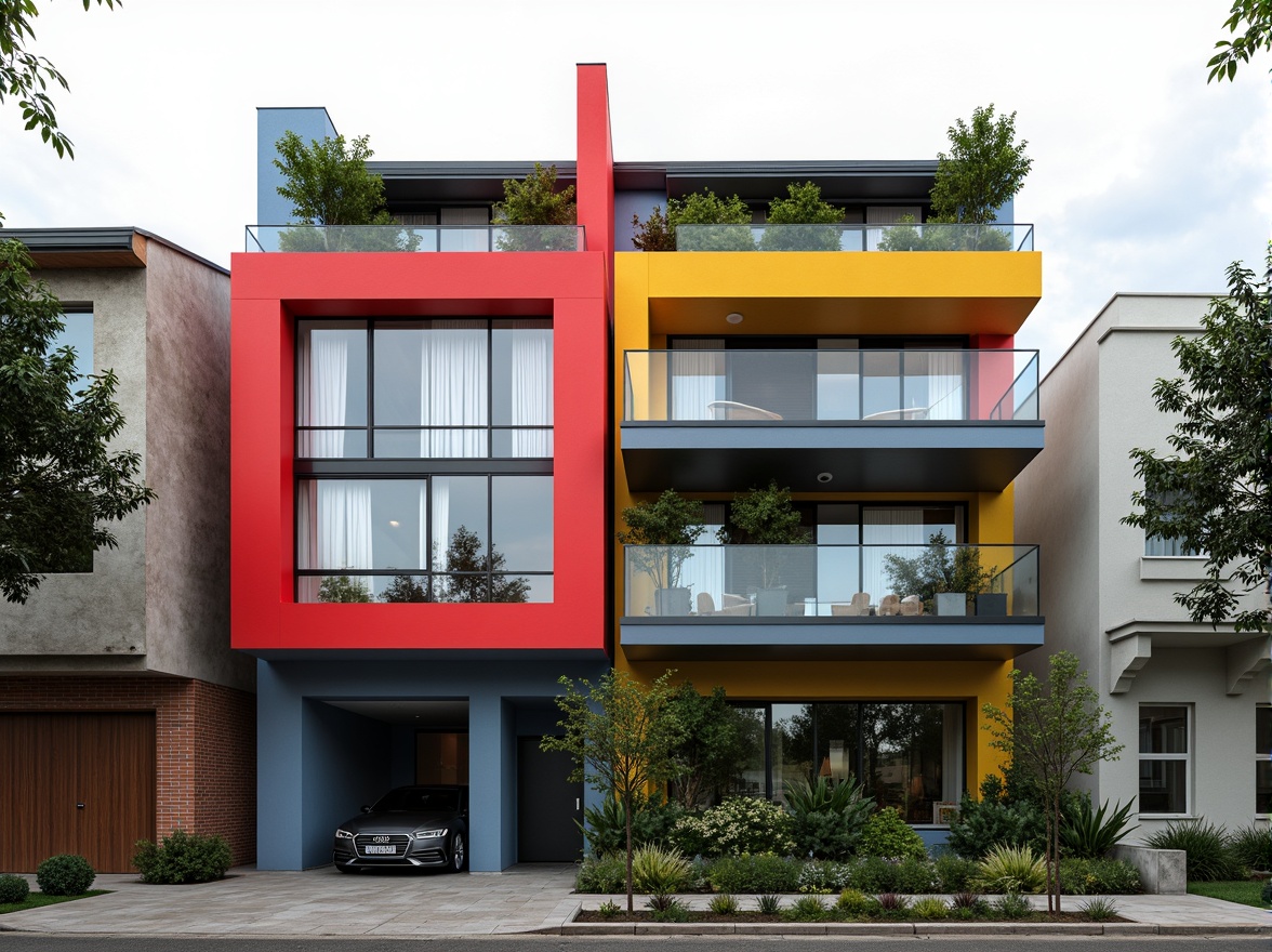 Prompt: Vibrant residential facade, experimental architecture, bold color blocking, irregular shapes, futuristic details, cantilevered volumes, dynamic balconies, transparent glass railings, industrial metal cladding, wooden accents, vertical green walls, urban context, modern cityscape, overcast sky, soft diffused lighting, 1/1 composition, symmetrical framing, high-contrast textures, subtle ambient occlusion.Let me know if you need any adjustments!