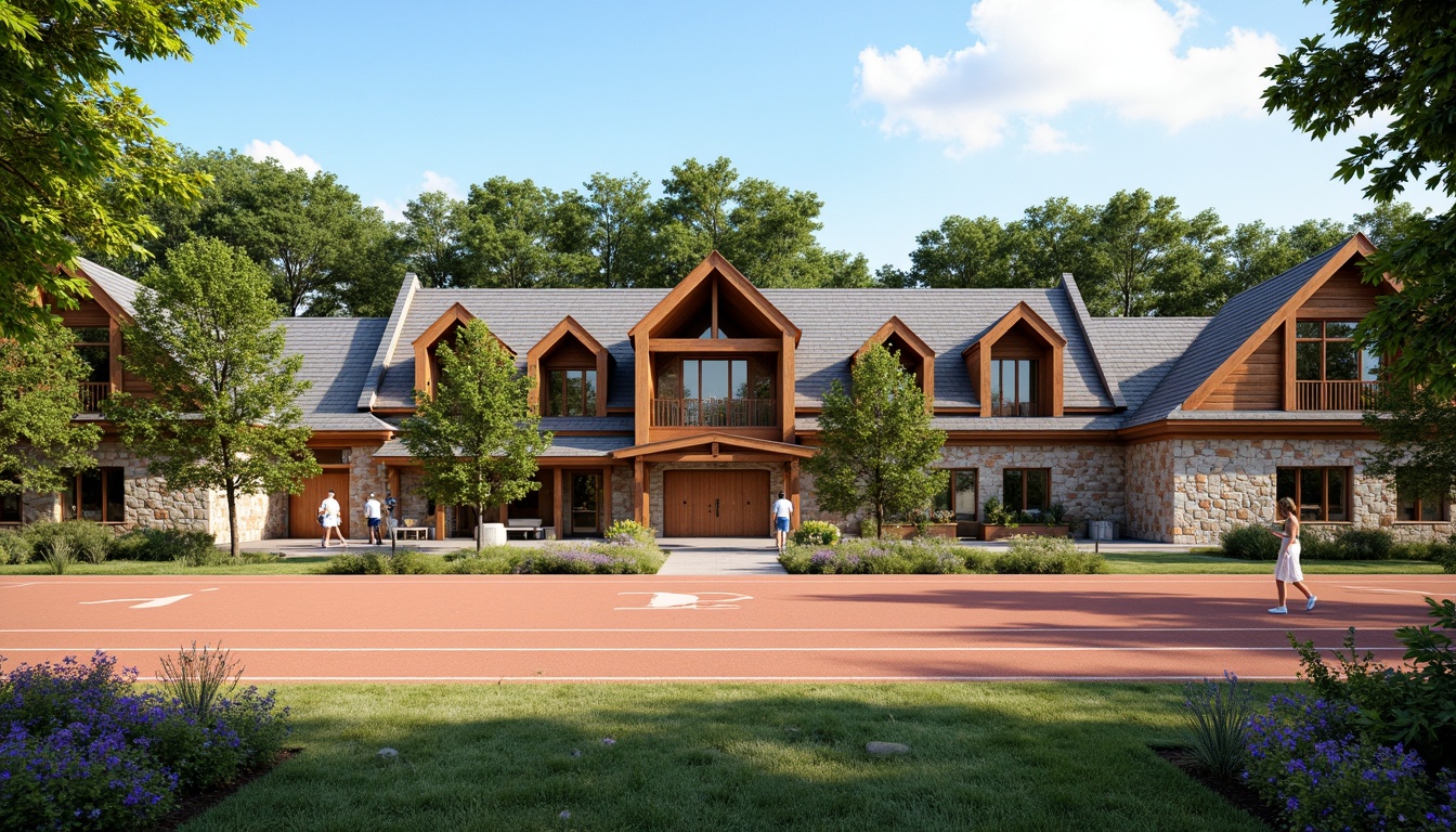 Prompt: Rustic gymnasium facade, regionalism style, earthy tones, natural stone walls, wooden accents, sloping roofs, dormer windows, cozy entrance, traditional ornate details, lush greenery, vibrant flowers, athletic field, running tracks, sports equipment, sunny day, soft warm lighting, shallow depth of field, 3/4 composition, panoramic view, realistic textures, ambient occlusion.