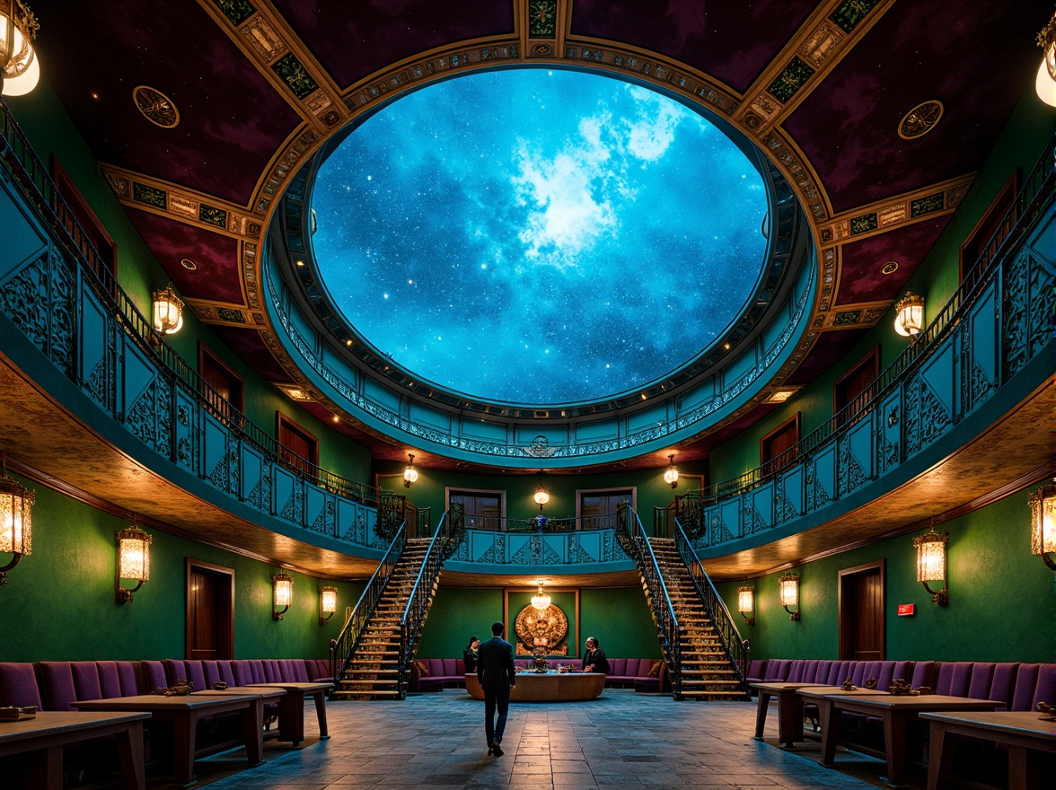 Prompt: Luminous planetarium dome, celestial starry night sky, rich jewel-toned colors, emerald green walls, sapphire blue ceilings, amethyst purple accents, gold metallic trimmings, ornate geometric patterns, luxurious velvet fabrics, metallic mesh details, antique bronze fixtures, lavish crystal chandeliers, dramatic spotlights, soft ambient glow, 1/2 composition, symmetrical framing, shallow depth of field, cinematic atmosphere.