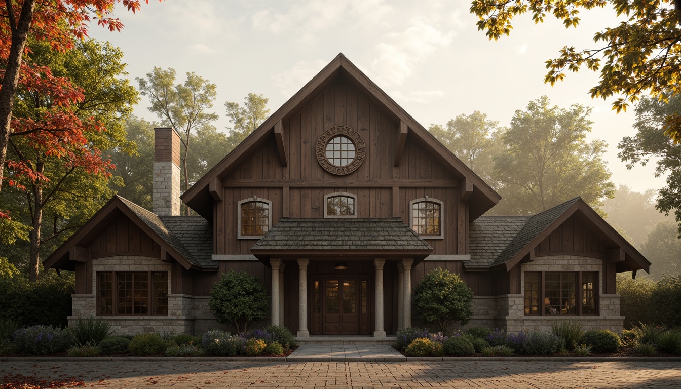 Prompt: Rustic barn, neoclassical facade, weathered wooden textures, distressed stone walls, ornate metal decorations, symmetrical composition, grand entrance, arched windows, columnar details, classical pediments, steeply pitched roofs, overhanging eaves, rustic chimneys, verdant ivy, misty morning, warm golden lighting, shallow depth of field, 1/1 composition, realistic materials, ambient occlusion.Please let me know if this meets your requirements!