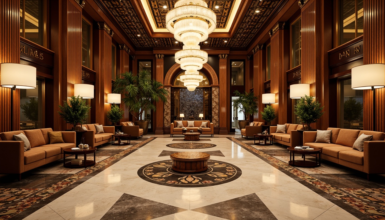 Prompt: Luxurious bank interior, opulent Art Deco style, intricately patterned marble floors, ornate metalwork details, lavish chandeliers, rich wood paneling, geometric shapes, metallic accents, velvety soft furnishings, grandiose columns, high ceilings, dramatic archways, warm golden lighting, shallow depth of field, 1/2 composition, realistic textures, ambient occlusion.