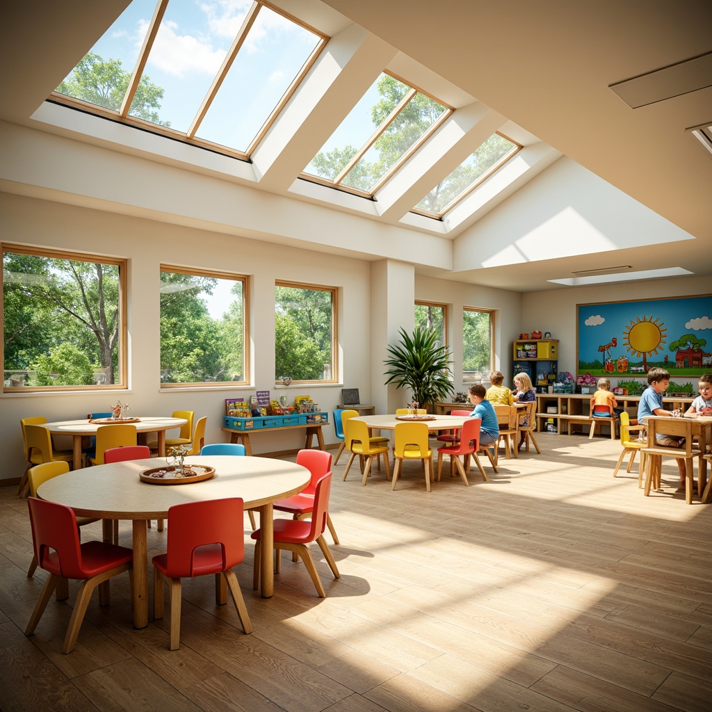 Prompt: Vibrant kindergarten interior, abundant natural light, large windows, clerestory windows, skylights, bright colors, playful murals, wooden floors, eco-friendly materials, minimal obstacles, open floor plan, circular tables, colorful chairs, educational decorations, interactive displays, soft warm lighting, shallow depth of field, 1/1 composition, panoramic view, realistic textures, ambient occlusion.