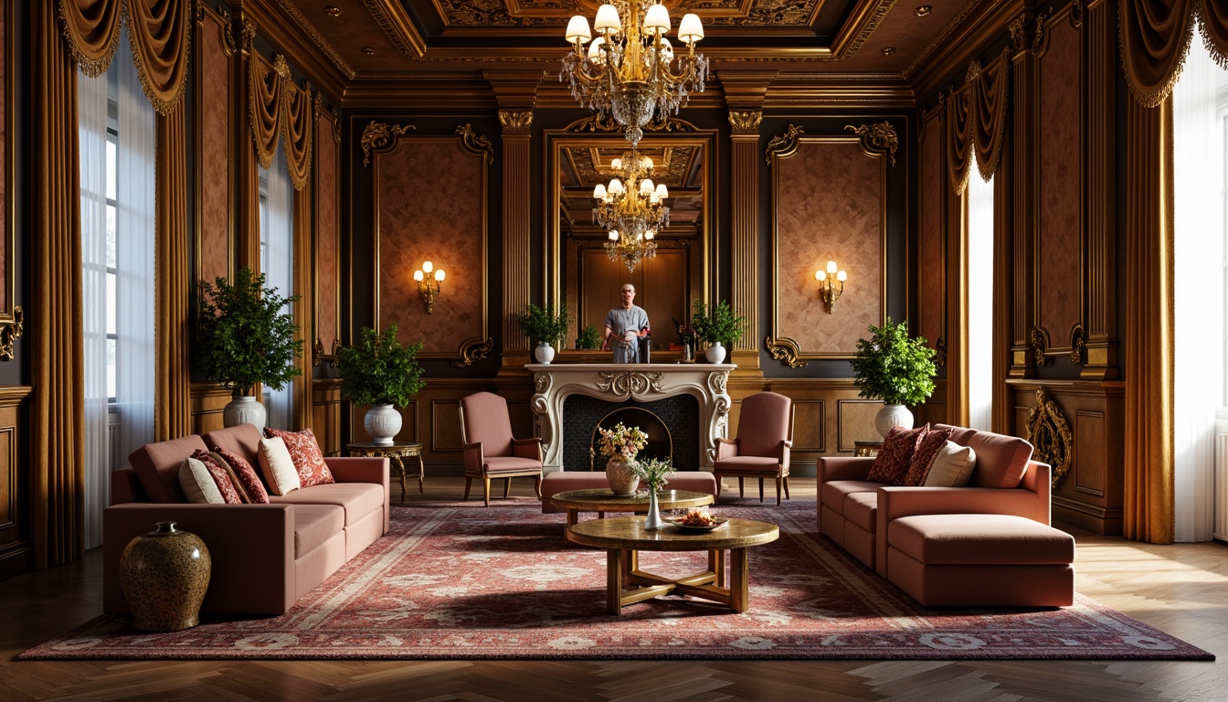 Prompt: Luxurious interior space, ornate furniture, intricately carved wooden panels, metallic accents, grand chandeliers, opulent fabrics, velvet drapes, gilded frames, ornamental vases, lavish decorative patterns, Baroque-inspired designs, Rococo-style ornaments, intricate moldings, refined textures, warm golden lighting, shallow depth of field, 1/2 composition, realistic reflections, ambient occlusion.