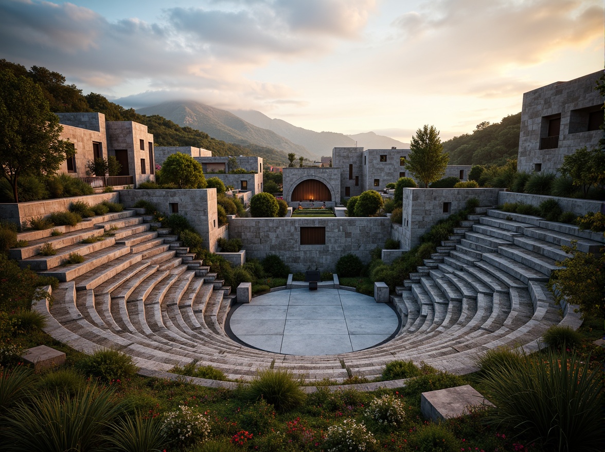 Prompt: Rugged amphitheater, brutalist architecture, rough-hewn stone walls, exposed concrete structures, dramatic natural lighting, diffused warm glow, overcast sky, soft shadows, harsh textures, industrial materials, functional design, minimalist aesthetic, stepped seating areas, open-air performance space, lush greenery, scattered trees, wildflowers, warm afternoon light, high contrast ratios, 1/2 composition, cinematic framing, atmospheric perspective.