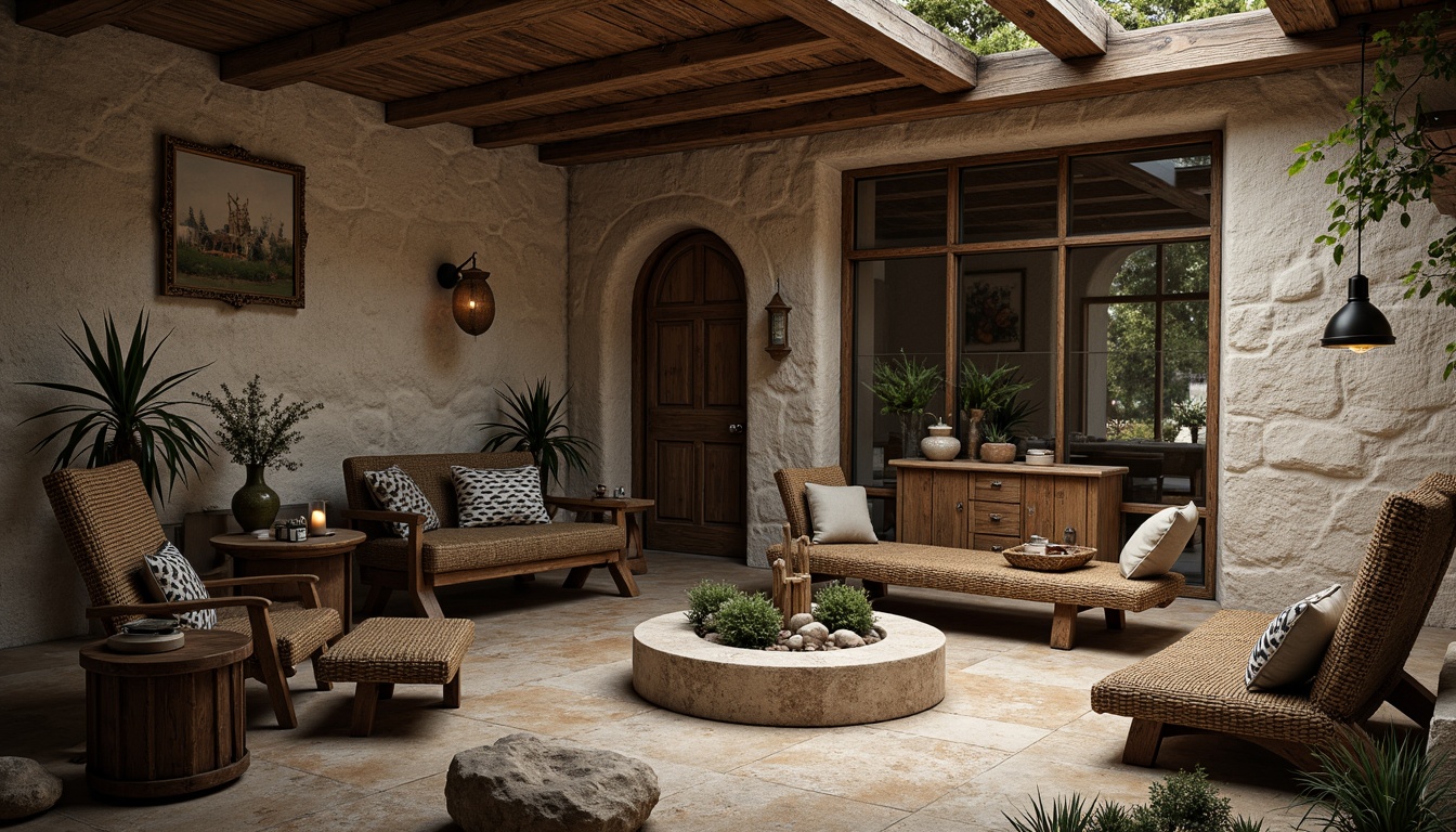 Prompt: Weathered stone walls, rustic wooden planks, rough-hewn boulders, tactile concrete surfaces, ornate metalwork, intricately carved furnishings, natural fiber textiles, earthy color palette, organic shapes, distressed finishes, vintage decorative elements, warm ambient lighting, shallow depth of field, 1/2 composition, realistic materials, subtle normal mapping.