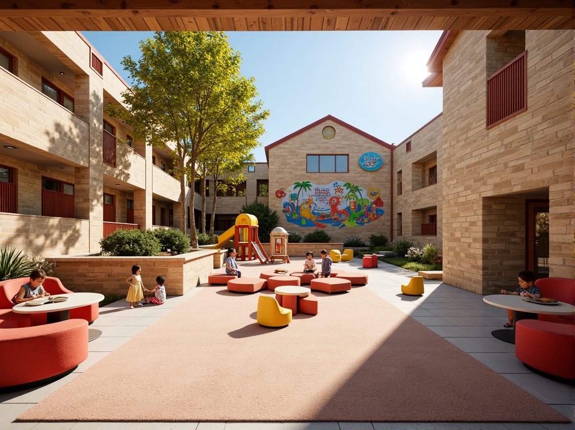 Prompt: Vibrant kindergarten playground, colorful murals, playful sculptures, educational signage, brick masonry buildings, textured stone walls, rustic wooden accents, natural light pouring in, cozy reading nooks, soft carpeted floors, whimsical furniture, lively coral colors, warm beige tones, sunny afternoon, shallow depth of field, 1/1 composition, realistic textures, ambient occlusion.