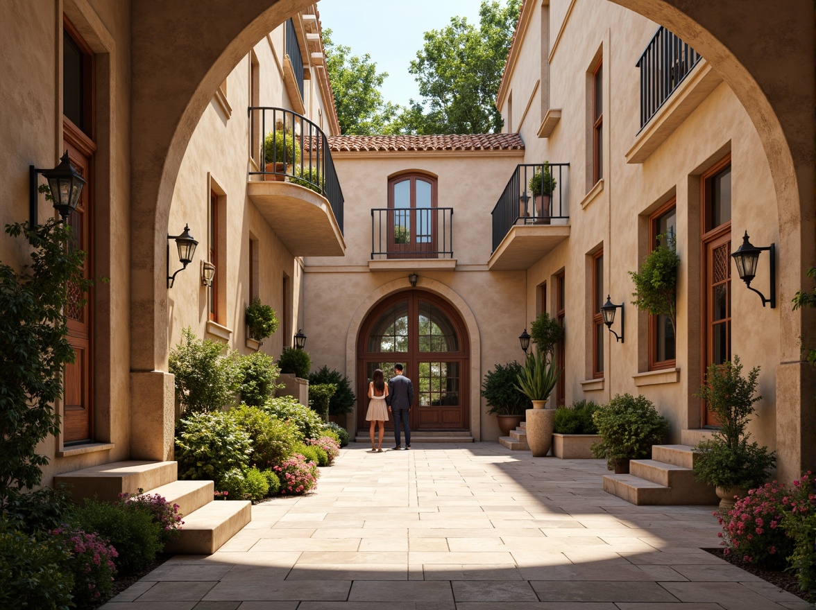 Prompt: Warm beige stonework, ornate wooden doorways, stained glass windows, delicate ironwork, soft pastel color schemes, rustic brick arches, romantic turrets, curved balconies, ornamental eaves, intricate stucco details, lush green vines, blooming flowers, natural stone flooring, warm candle lighting, 1/1 composition, shallow depth of field, realistic textures, ambient occlusion.