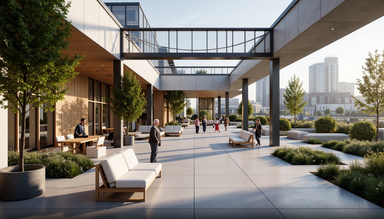 Prompt: Sleek community center, open atrium, natural light, minimalist design, clean lines, monochromatic color scheme, polished concrete floors, wooden accents, floor-to-ceiling windows, sliding glass doors, green roofs, outdoor seating areas, modern benches, potted plants, water features, ambient lighting, shallow depth of field, 3/4 composition, panoramic view, realistic textures, soft warm glow, urban surroundings, vibrant city life.