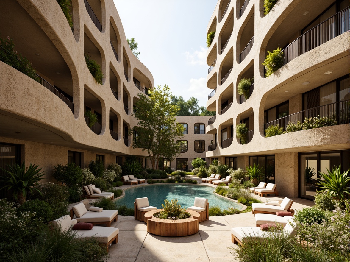 Prompt: Earth-toned apartment complex, organic curves, natural stone fa\u00e7ade, lush green roofs, living walls, botanical gardens, wooden accents, rustic textures, free-flowing spaces, curved lines, minimalist d\u00e9cor, warm ambient lighting, soft shadows, shallow depth of field, 1/1 composition, intimate atmosphere, cozy nooks, natural ventilation systems, reclaimed wood furniture, woven textiles, earthy color palette, serene ambiance, morning sunlight, gentle breeze.