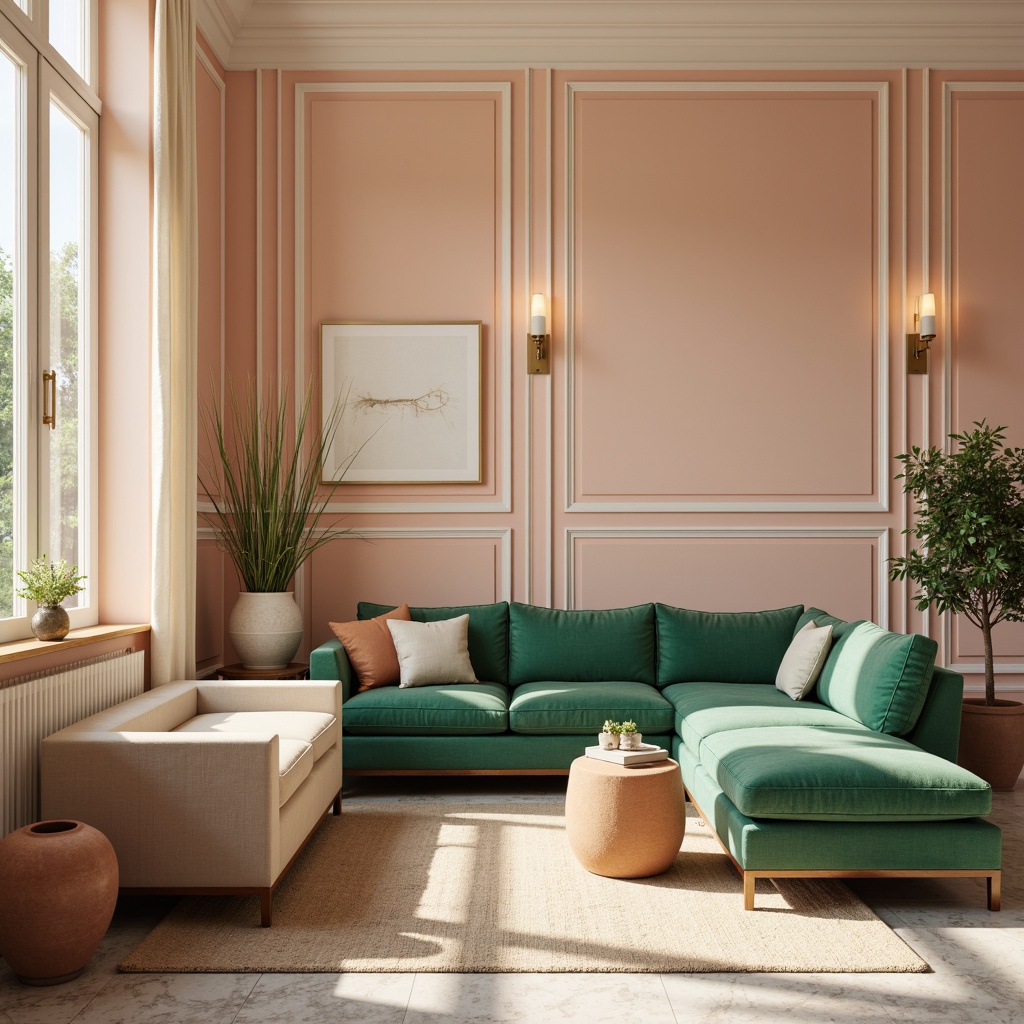 Prompt: Soft peach walls, creamy white trim, warm beige furniture, rich walnut wood accents, plush emerald green velvet upholstery, golden bronze lighting fixtures, subtle linen texture, natural stone flooring, earthy terracotta pots, delicate ivory curtains, airy skylight, gentle morning light, 1/2 composition, realistic material rendering, atmospheric perspective.