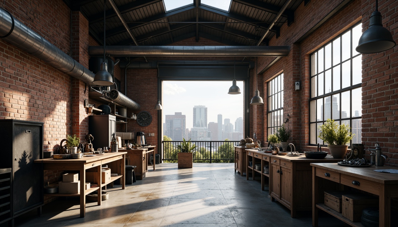 Prompt: Industrial workshop interior, minimal decor, natural light pouring in, exposed brick walls, metal beams, polished concrete floors, rustic wooden workbenches, metal tools, industrial lighting fixtures, overhead cranes, urban cityscape outside, cloudy day, soft diffused lighting, shallow depth of field, 1/1 composition, realistic textures, ambient occlusion.