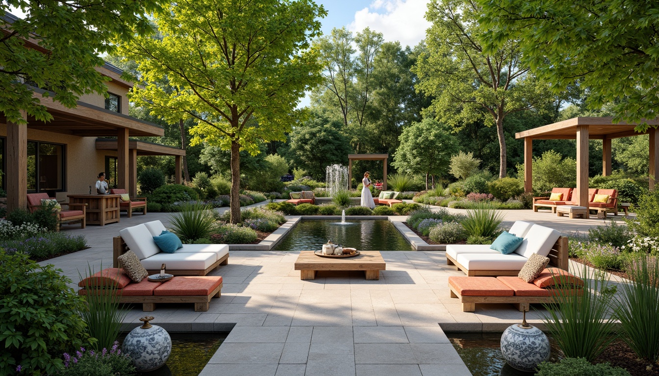 Prompt: Vibrant garden, lush greenery, blooming flowers, ornamental trees, meandering pathways, natural stone pavers, rustic wooden benches, serene water features, tranquil ponds, sparkling fountains, colorful outdoor furniture, eclectic decorative accents, soft warm lighting, 1/2 composition, shallow depth of field, realistic textures, ambient occlusion.