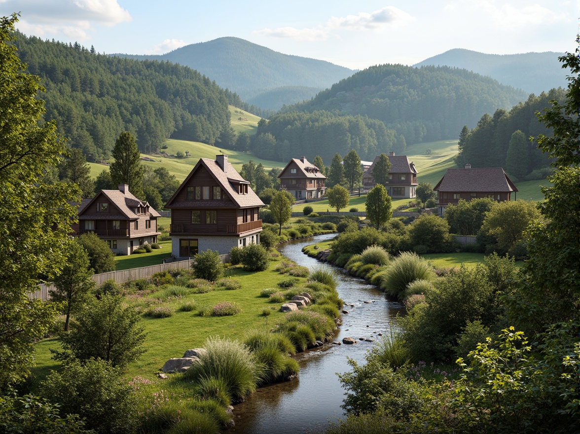 Prompt: Rustic village landscape, rolling hills, meandering streams, lush green forests, traditional vernacular buildings, earthy tones, natural stone walls, wooden accents, steeply pitched roofs, charming chimneys, blooming wildflowers, warm sunny day, soft diffused lighting, shallow depth of field, 2/3 composition, panoramic view, realistic textures, ambient occlusion.