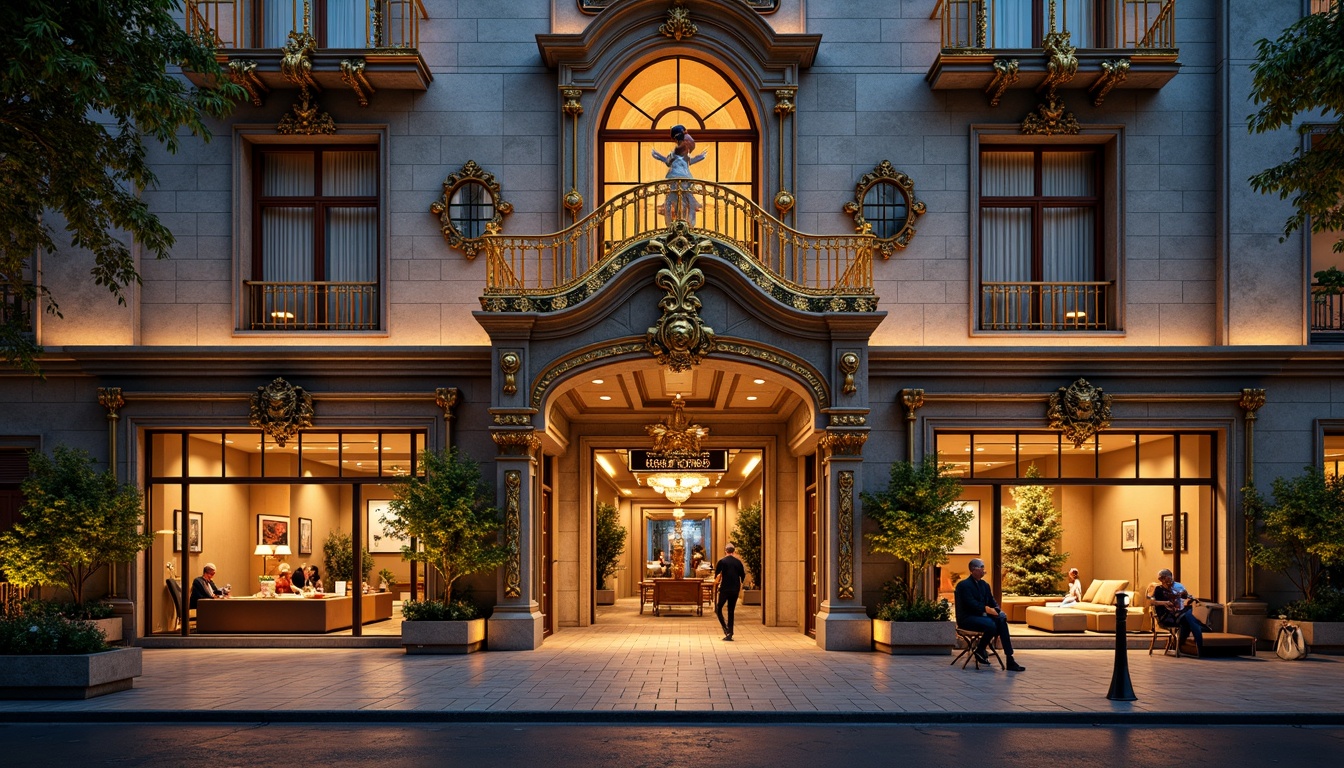 Prompt: Ornate commercial building, grandiose facade, intricately carved stonework, golden accents, ornamental columns, sweeping arches, dramatic entranceways, lavish decorative details, richly textured stone walls, vibrant color scheme, imposing scale, dynamic light play, warm ambient glow, shallow depth of field, 1/1 composition, realistic textures, ambient occlusion.