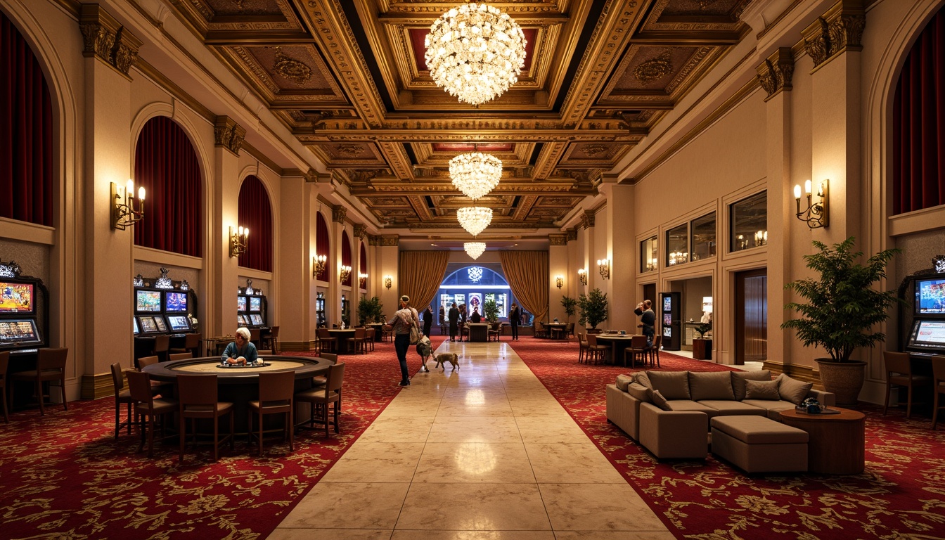 Prompt: Luxurious casino, ornate decorations, rich velvet fabrics, polished marble floors, metallic accents, glamorous chandeliers, intricate moldings, lavish furnishings, academic-inspired columns, classical arches, sophisticated color palette, warm golden lighting, shallow depth of field, 2/3 composition, realistic textures, ambient occlusion.