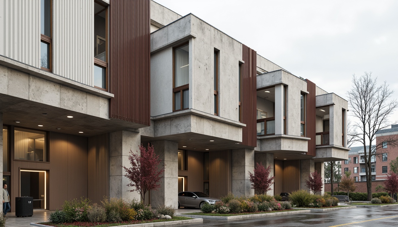 Prompt: Industrial building facade, fiber-cement panels, corrugated metal sheets, reinforced concrete structures, brutalist architecture style, earthy tones, weathered textures, functional design, load-bearing capacity, durability emphasis, sustainable construction materials, eco-friendly alternatives, low-maintenance requirements, modern industrial aesthetic, abstract geometric patterns, urban landscape backdrop, overcast sky, soft diffused lighting, shallow depth of field, 2/3 composition, realistic render.