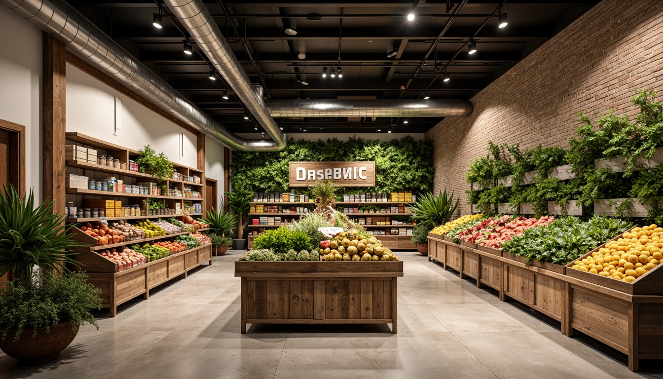 Prompt: Vibrant grocery store interior, polished concrete floors, exposed ductwork, industrial metal shelves, reclaimed wood accents, natural stone walls, earthy tone color palette, abundant greenery, living walls, organic produce stands, artisanal food displays, rustic wooden crates, distressed metal signage, warm soft lighting, shallow depth of field, 1/1 composition, realistic textures, ambient occlusion.