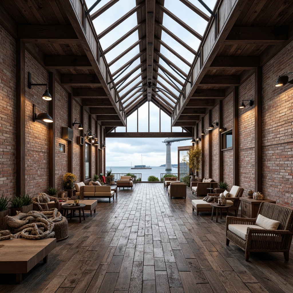 Prompt: Rustic wooden docks, oceanfront views, salty sea air, driftwood sculptures, nautical ropes, worn brick facades, industrial metal accents, reclaimed wood textures, distressed finishes, natural stone flooring, exposed beams, large skylights, soft diffused lighting, shallow depth of field, 3/4 composition, panoramic view, realistic reflections, ambient occlusion.