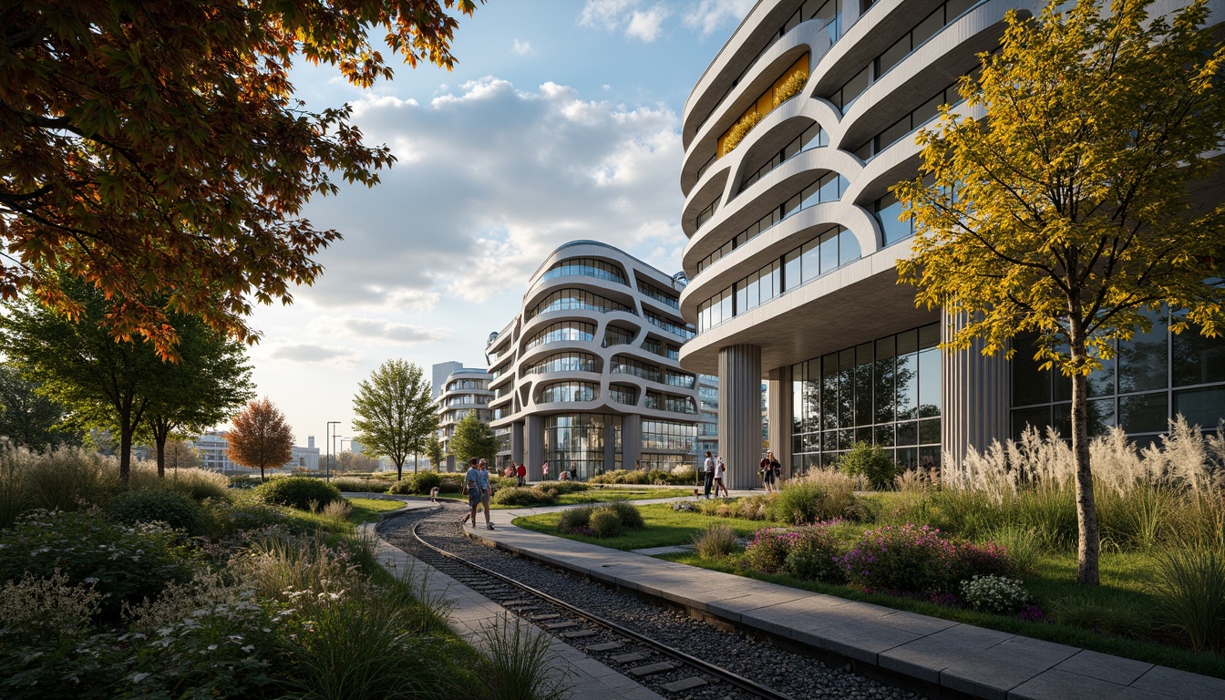 Prompt: Curvaceous tram station, undulating blobs, iridescent glass fa\u00e7ade, wispy tree branches, lush greenery, soft warm lighting, shallow depth of field, 1/2 composition, cinematic view, realistic reflections, ambient occlusion, futuristic architecture, bio-inspired design, flowing curves, organic shapes, parametric modeling, sustainable materials, natural ventilation systems, energy-efficient infrastructure, vibrant colorful accents, intricate patterns, abstract textures.