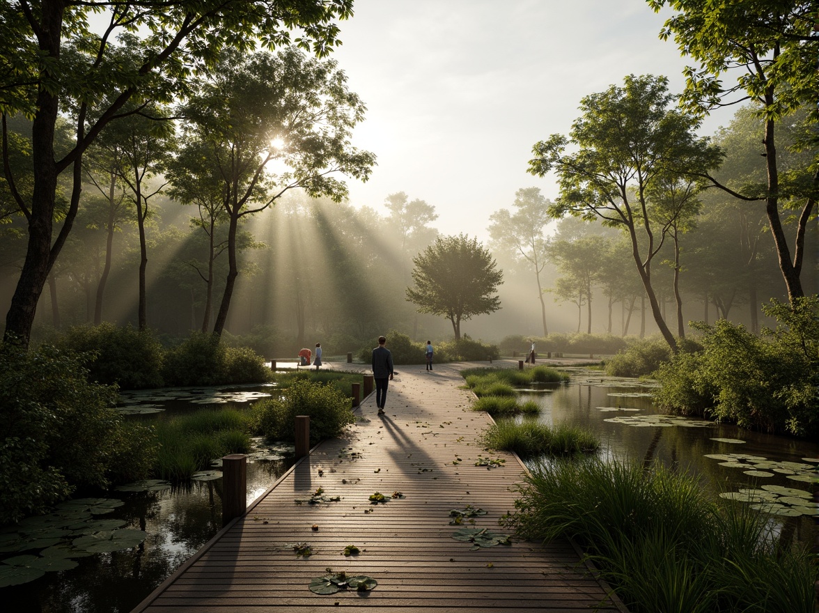 Prompt: Ethereal wetland landscape, serene misty atmosphere, lush green vegetation, twisted mangrove roots, water lilies, cattails, soft warm lighting, shallow depth of field, 1/1 composition, realistic reflections, ambient occlusion, wooden boardwalks, eco-friendly materials, sustainable design, natural habitat preservation, wildlife conservation, birdwatching platforms, educational signs, interpretive exhibits, interactive displays, immersive experiences, panoramic views, misty dawn, gentle breeze.