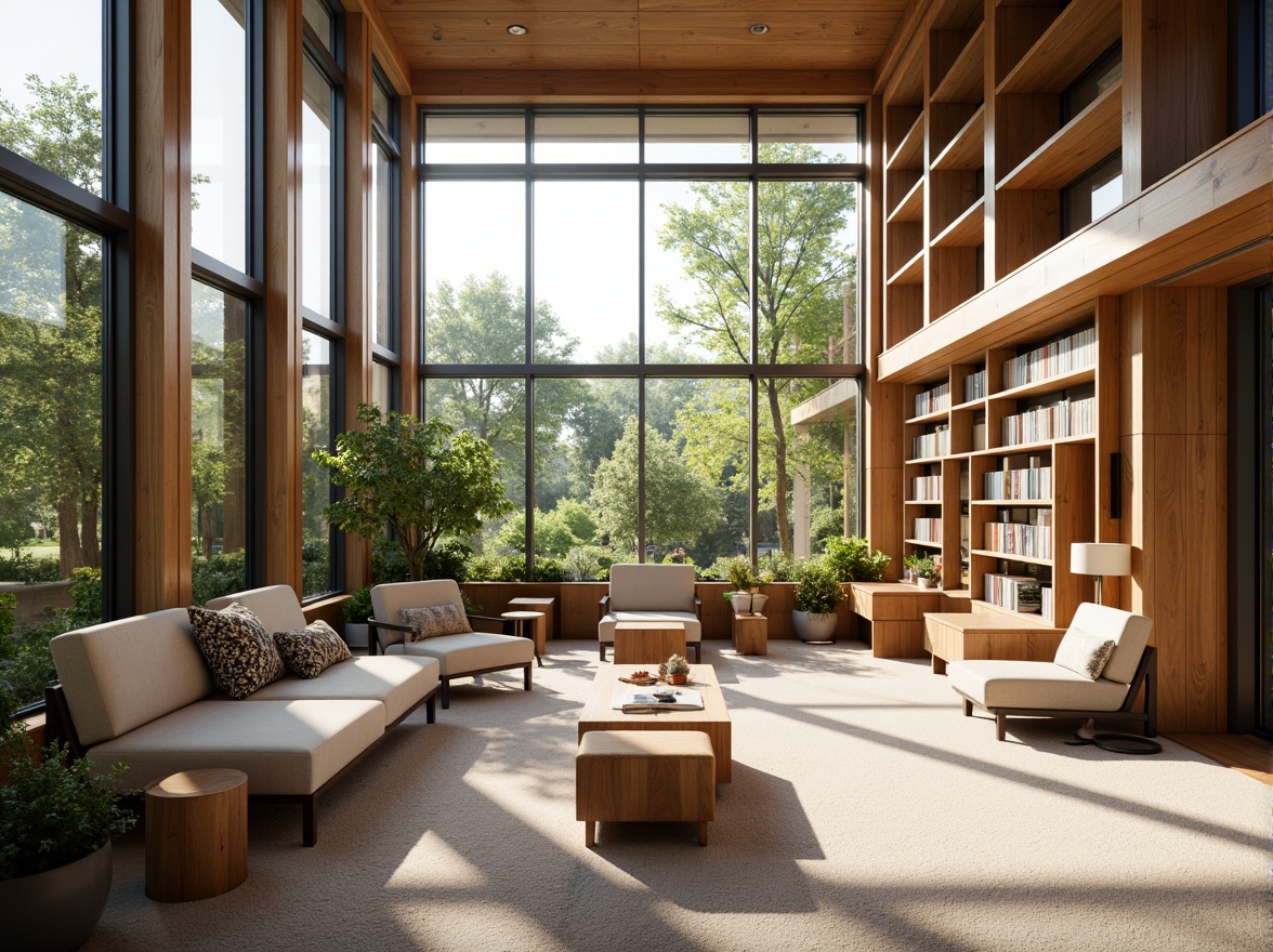 Prompt: Cozy reading nooks, floor-to-ceiling windows, abundant natural light, warm wood tones, comfortable seating areas, quiet study spaces, minimalist bookshelves, soft carpeting, elegant reading tables, green plants, calm atmosphere, afternoon sunlight, gentle shadows, 1/1 composition, shallow depth of field, realistic textures, ambient occlusion.