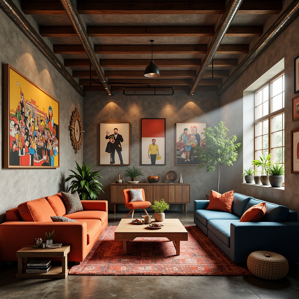 Prompt: Vibrant artistic studio, eclectic furniture pieces, bold color blocking, abstract artwork displays, rich wood accents, industrial metal beams, modern minimalist aesthetic, natural light pouring in, soft warm glow, atmospheric misty effect, 1/1 composition, realistic textures, ambient occlusion.