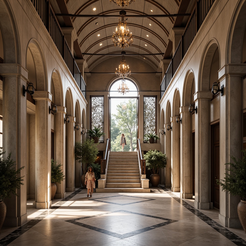 Prompt: Grand symmetrical entrance, imposing stone columns, harmonious arches, perfect bilateral symmetry, ornate metalwork, intricate geometric patterns, luxurious marble floors, majestic staircase, elegant chandeliers, refined wooden accents, subtle color palette, ambient soft lighting, shallow depth of field, 1/1 composition, central axis alignment, realistic reflections, detailed textures.