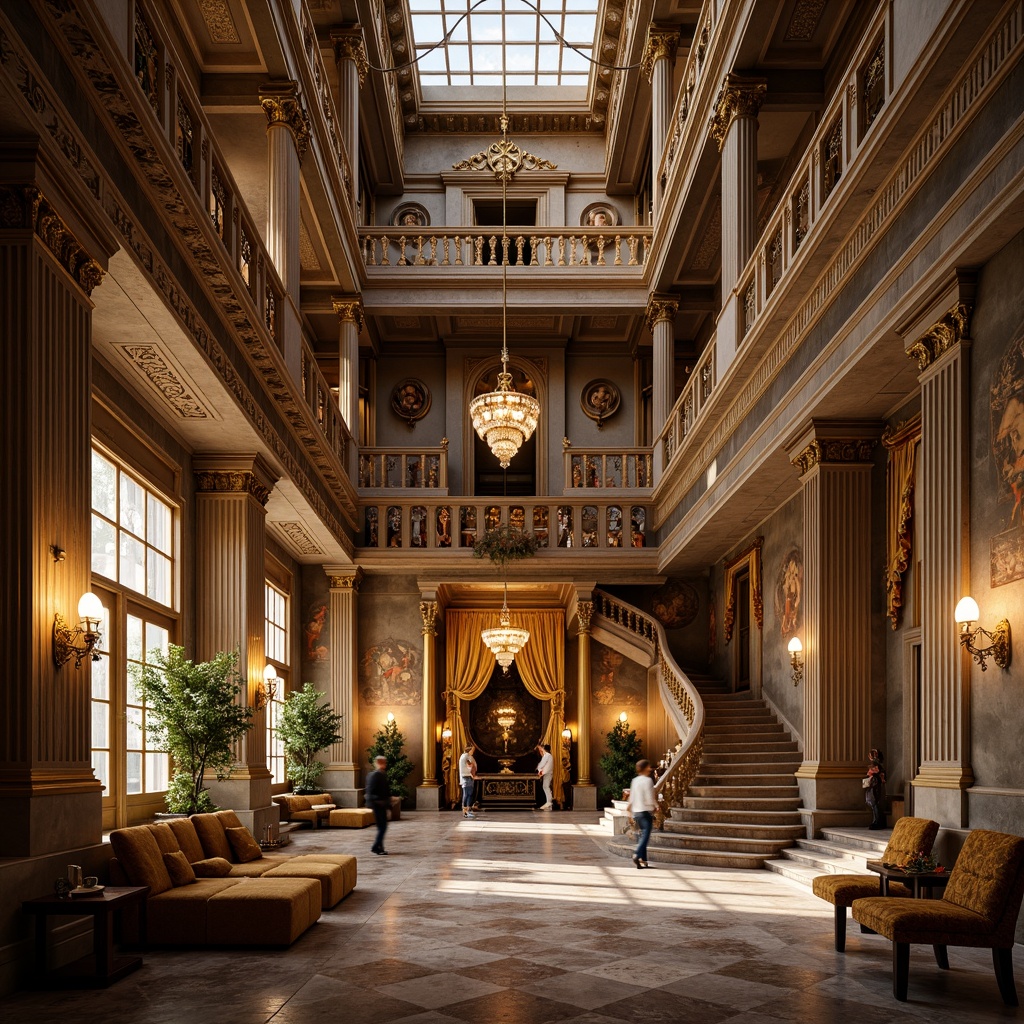 Prompt: Opulent palace, grandiose fa\u00e7ade, intricately carved stone ornaments, gilded accents, ornate balconies, sweeping arches, dramatic colonnades, lavish fountains, majestic staircases, velvet drapes, crystal chandeliers, golden frescoes, richly patterned marble floors, intricate moldings, Baroque-style furniture, regal throne rooms, grand ballrooms, warm candlelight, soft focus, 1/2 composition, high contrast lighting.